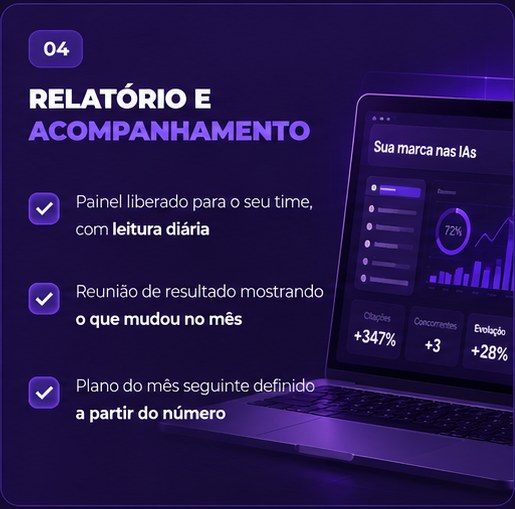 04. Relatório e acompanhamento. Painel liberado para o seu time, com
                  leitura diária. Reunião de resultado mostrando o que mudou no mês.
                  Plano do mês seguinte definido a partir do número.